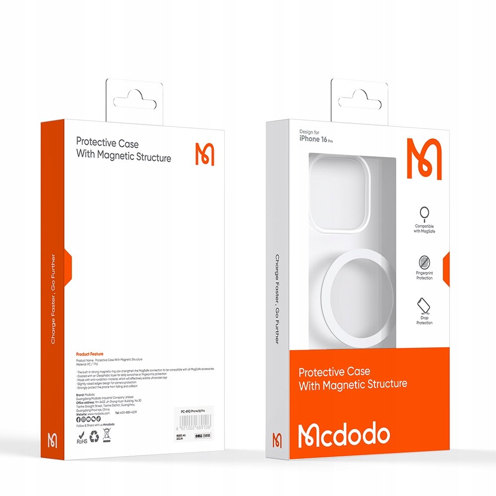 Opakowanie produktu Mcdodo z napisem \'Protective Case With Magnetic Structure\'. Widoczne są ikony oznaczające kompatybilność z MagSafe, ochronę przed odciskami palców i upadkami.