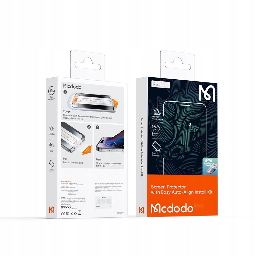 Na obrazie widoczne są dwa opakowania produktu Mcdodo, jedno z instrukcją montażu szkła hartowanego, a drugie z grafiką przedstawiającą telefon. Na opakowaniach znajdują się napisy \'Screen Protector with Easy Auto-Align Install Kit\' oraz \'Mcdodo\'.
