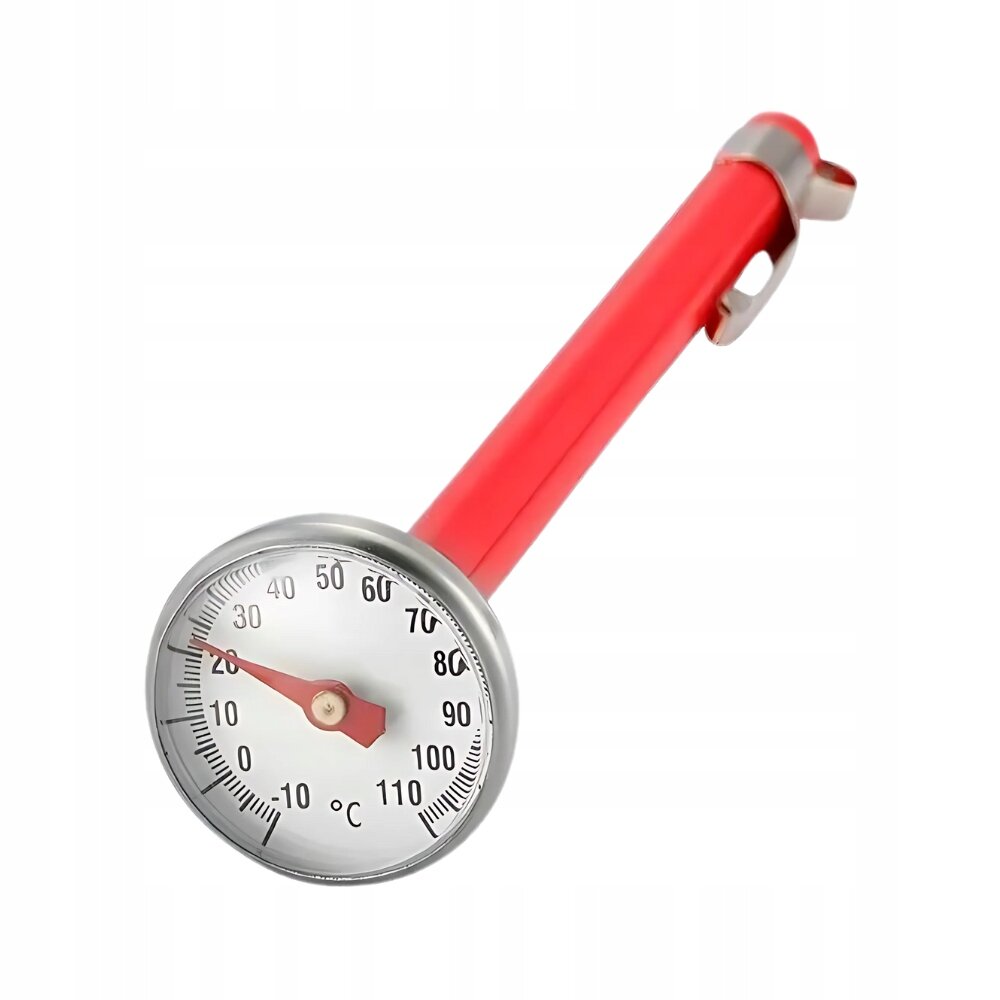Na obrazie widoczny jest czerwony termometr analogowy z okrągłą tarczą, na której znajdują się oznaczenia temperatury od -10°C do 110°C. Wskazówka termometru jest ustawiona na około 20°C.