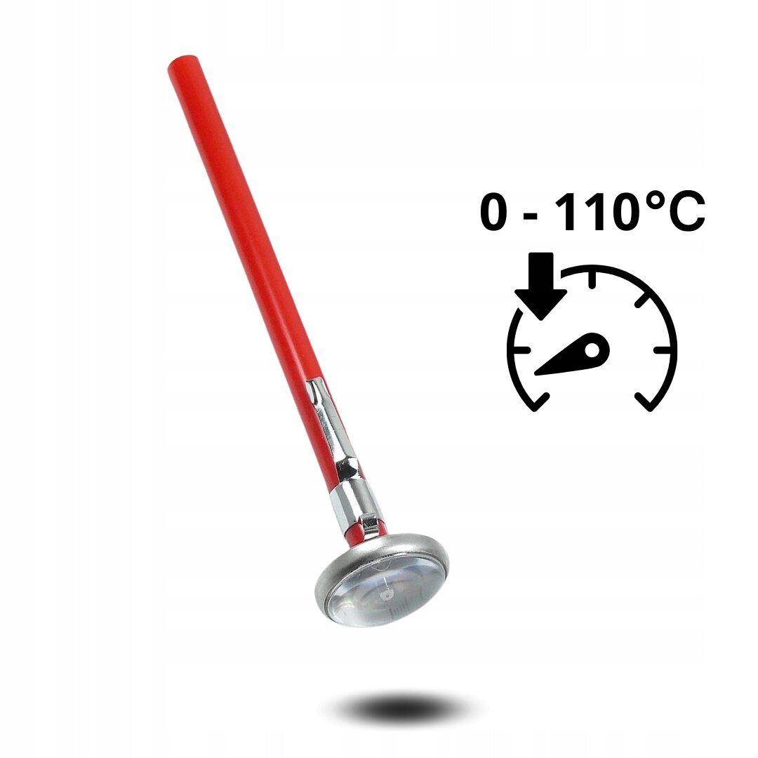 Na obrazie widoczny jest termometr analogowy z czerwonym uchwytem i metalową końcówką. Obok znajduje się symbol termometru z zakresem temperatur 0 - 110°C.