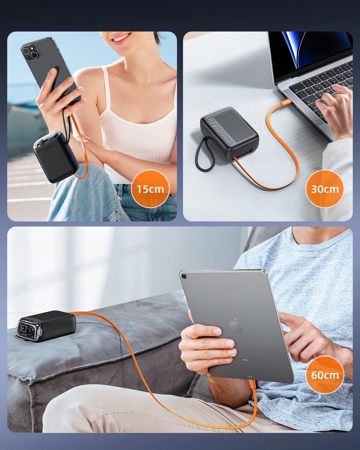 Trzy zdjęcia przedstawiające powerbank podłączony do różnych urządzeń: smartfona, laptopa i tabletu, z kablami o długościach 15 cm, 30 cm i 60 cm. Na każdym zdjęciu widoczny jest pomarańczowy kabel USB-C.