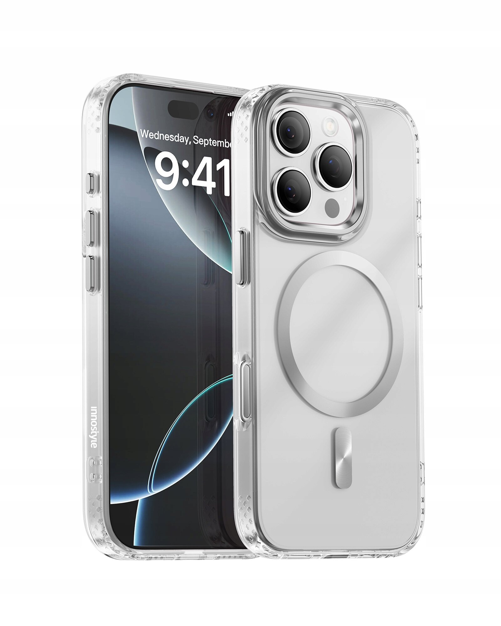 Przezroczyste etui magnetyczne na telefon z widocznym logo \'innostyle\' i okrągłym wzorem na tylnej części. Telefon w etui pokazuje godzinę 9:41 i datę \'Wednesday, September 9\'.