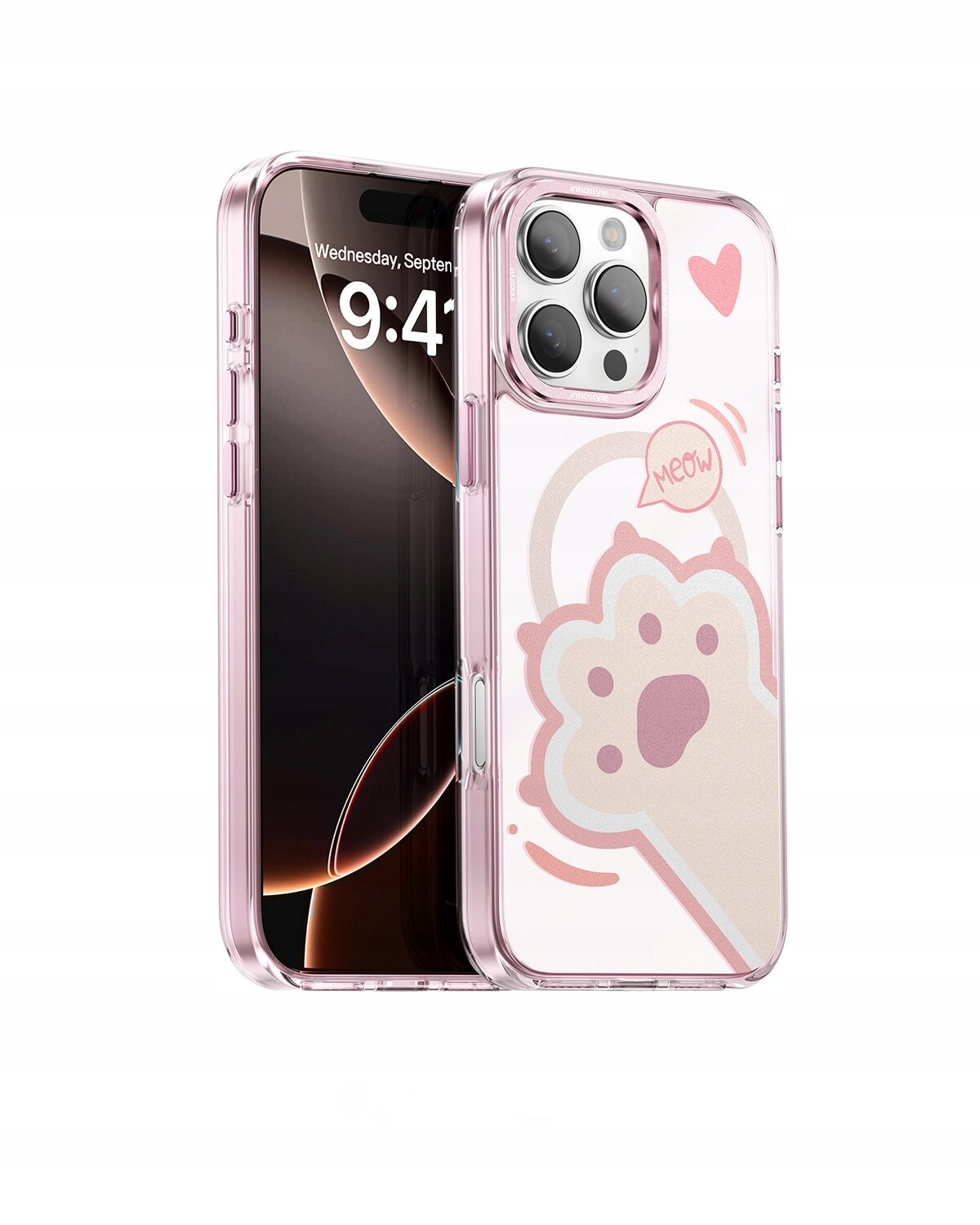 Etui na telefon z przezroczystymi bokami i różowym wzorem łapy oraz napisem \'Meow\'. Na ekranie telefonu widoczna jest godzina 9:41 i data Wednesday, September.