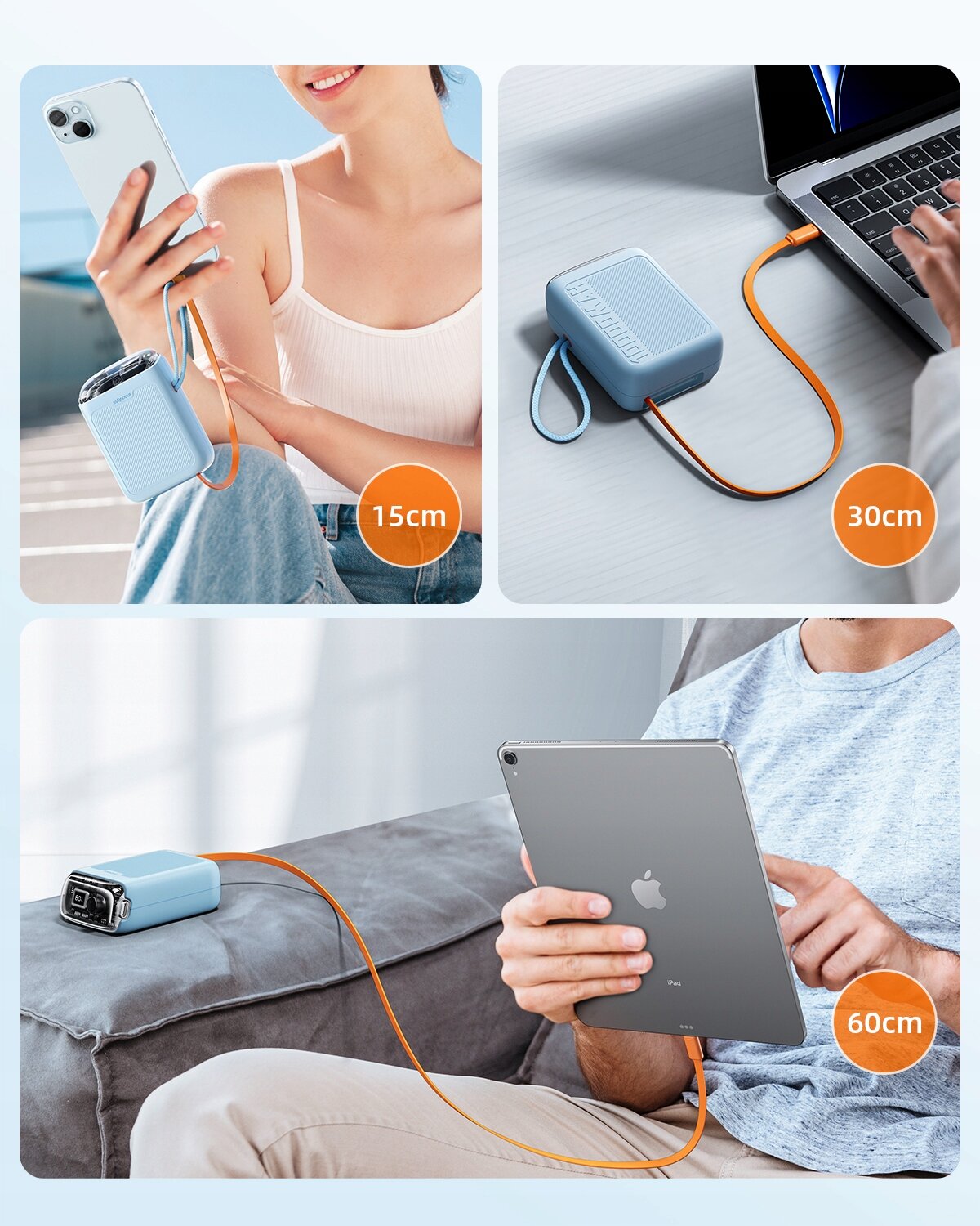 Na obrazie widać trzy sceny przedstawiające niebieski powerbank podłączony do różnych urządzeń za pomocą pomarańczowego kabla. Obok każdej sceny widnieje pomarańczowe kółko z oznaczeniem długości kabla: 15cm, 30cm i 60cm.