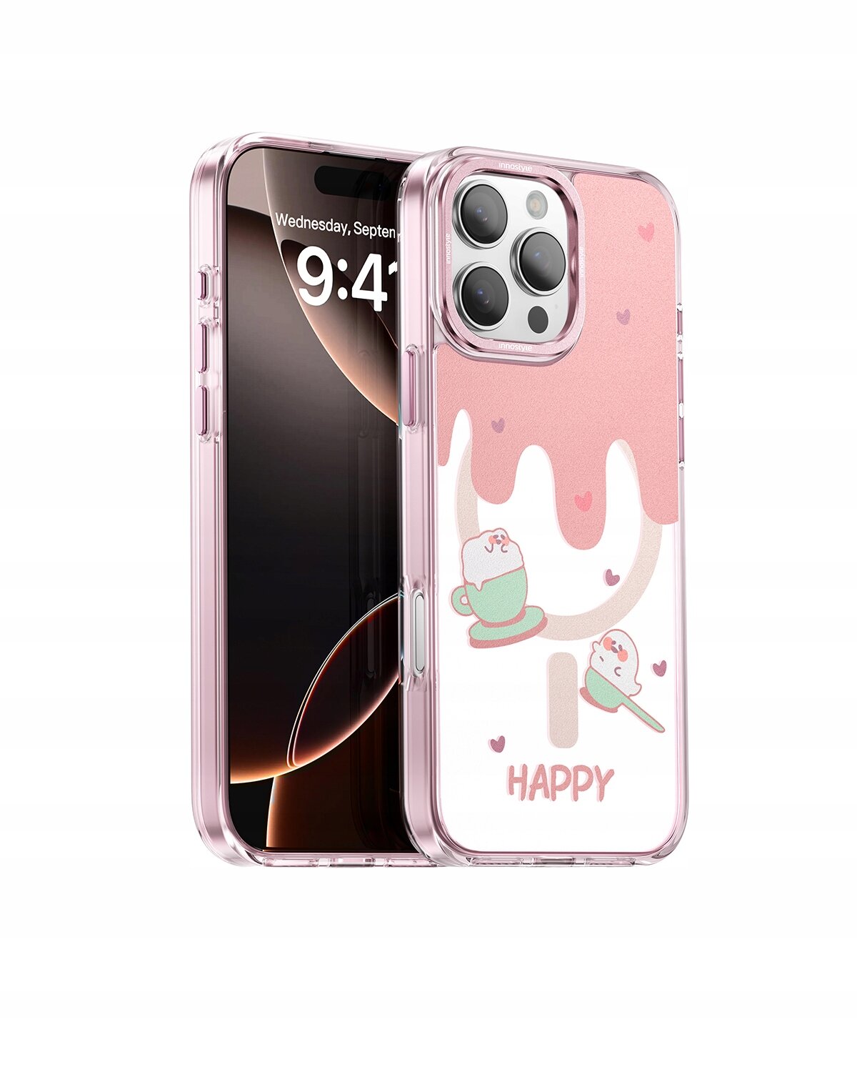 Etui na telefon z różowym wzorem przypominającym polewę oraz grafiką filiżanek i napisem \'HAPPY\'. Telefon w etui pokazuje godzinę 9:41 i datę Wednesday, September 12.