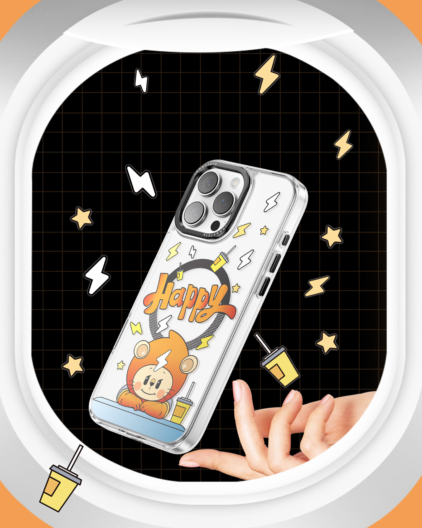 Etui na telefon z grafiką przedstawiającą postać w pomarańczowym stroju z napisem \'Happy\'. W tle widoczne są symbole błyskawic i gwiazdek na czarnym tle z siatką.