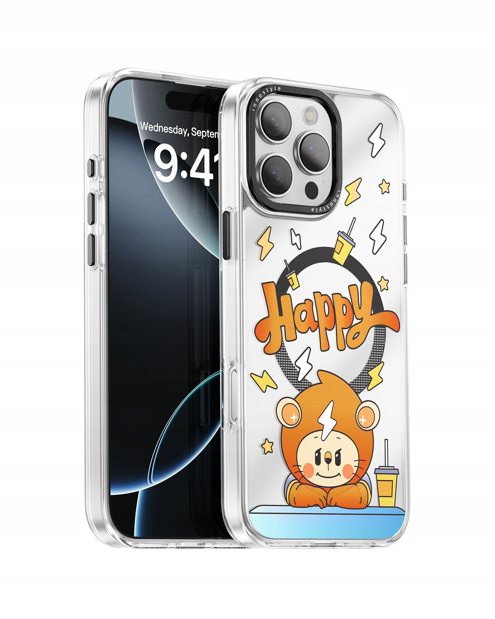 Przezroczyste etui na telefon z kolorowym nadrukiem przedstawiającym postać w stroju misia oraz napis \'Happy\'. Na ekranie telefonu widoczna jest godzina 9:41 i data Wednesday, September 12.