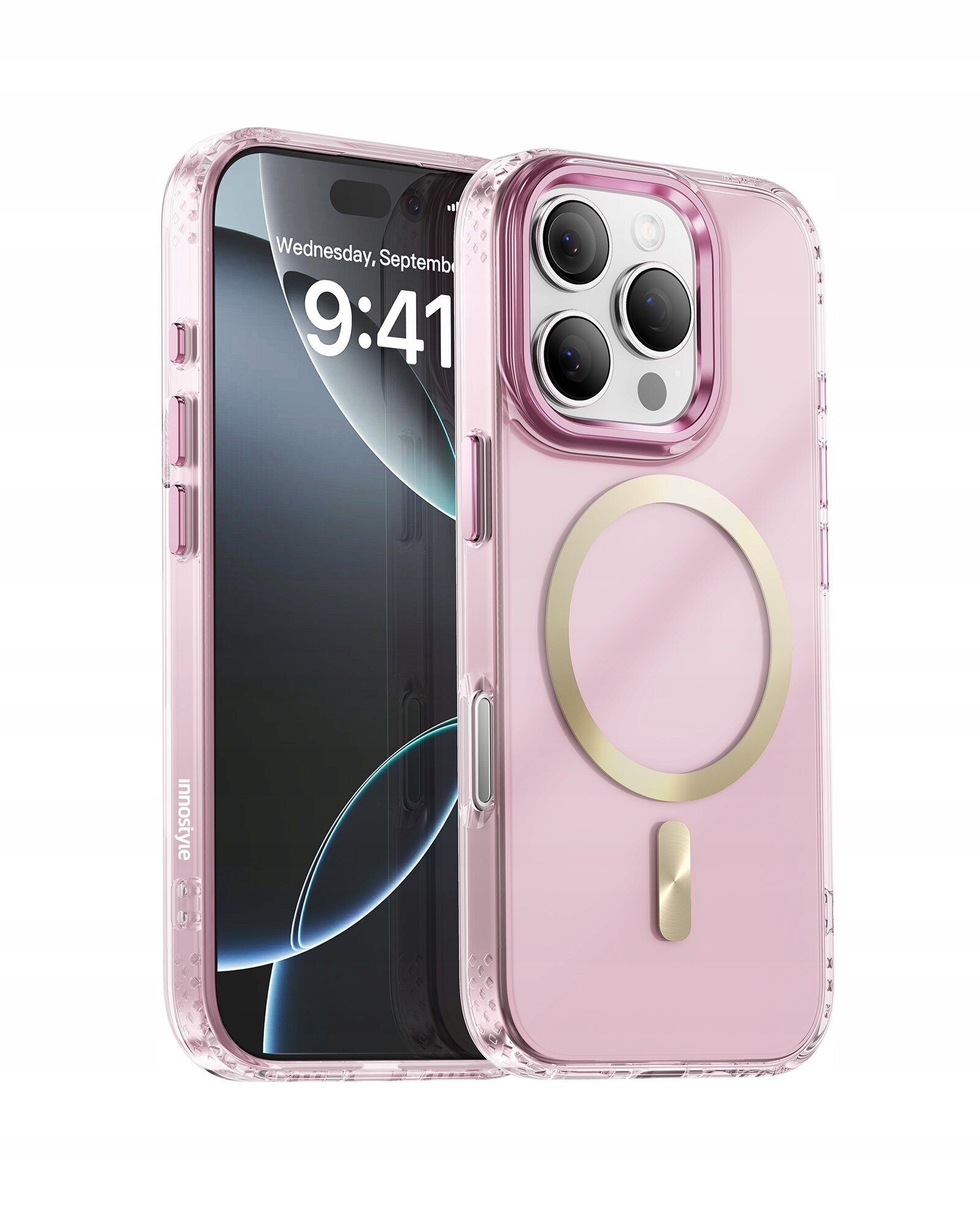 Obraz przedstawia różowe etui magnetyczne z przezroczystymi bokami, przeznaczone do iPhone 16 Pro. Na etui widoczny jest okrągły wzór w kolorze złotym oraz logo \'innostyle\'.