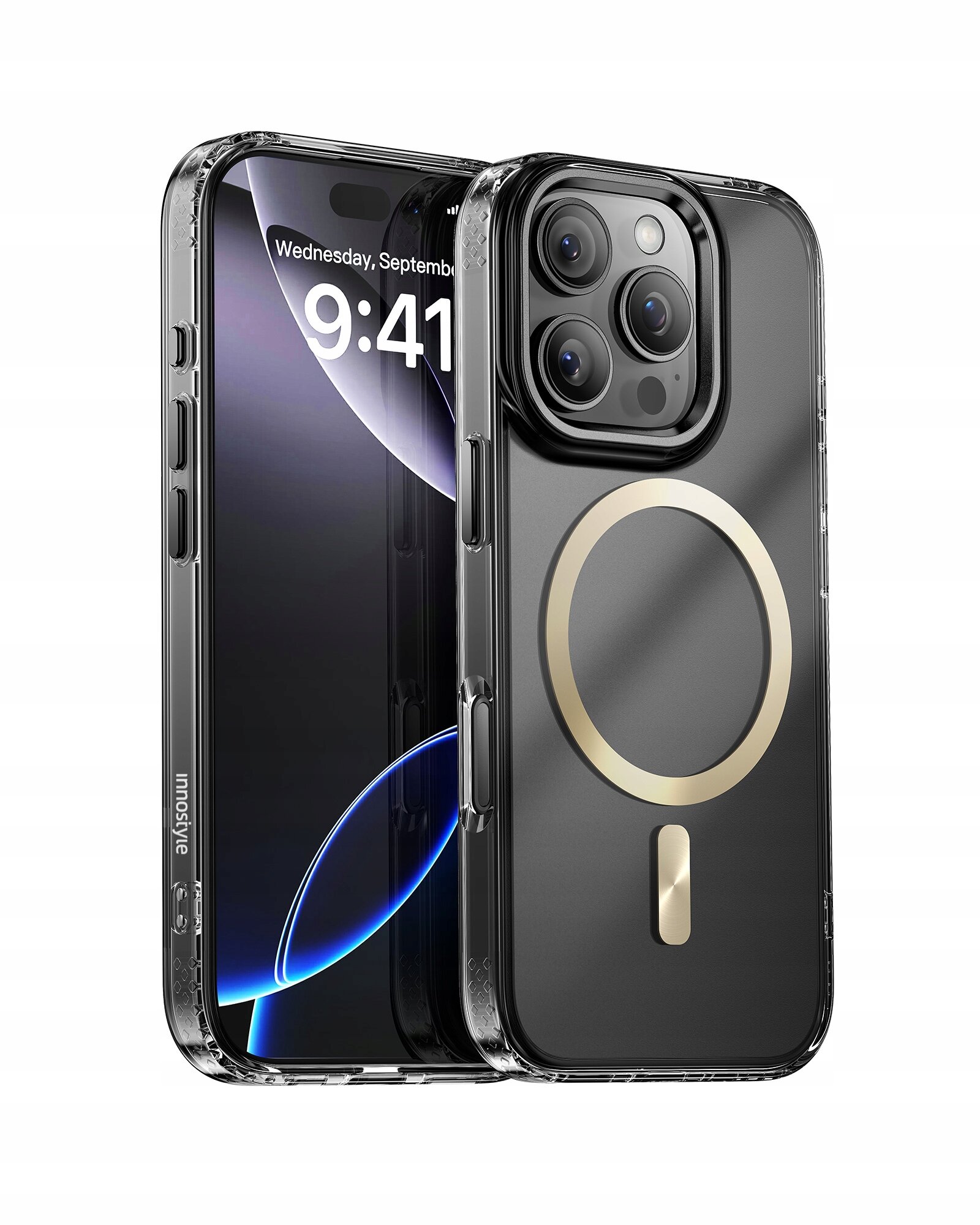 Obraz przedstawia przezroczyste etui na telefon z widocznym złotym okręgiem na tylnej części, przeznaczone do iPhone 16 Pro. Na ekranie telefonu widoczna jest godzina 9:41 i data Wednesday, September 13.