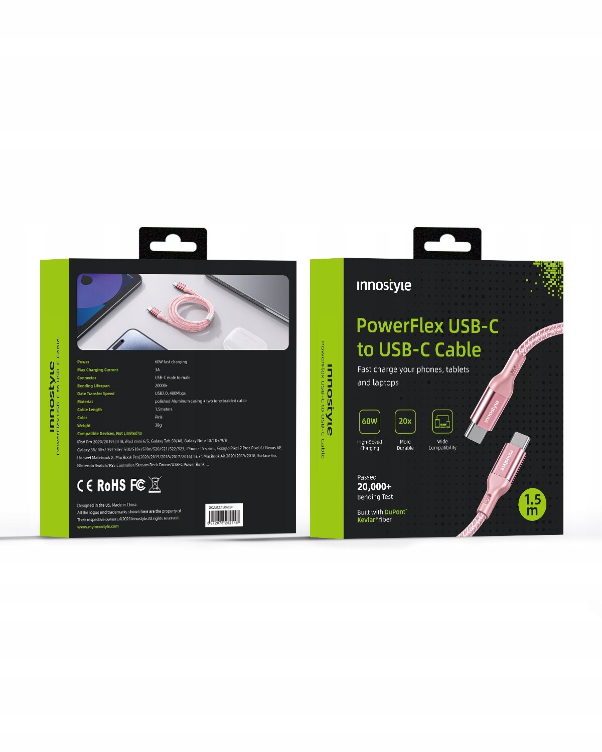 Opakowanie kabla USB-C do USB-C marki innostyle, w kolorze różowym, o długości 1,5 m. Na opakowaniu widnieje tekst: \'PowerFlex USB-C to USB-C Cable\' oraz informacje o szybkim ładowaniu i wytrzymałości kabla.