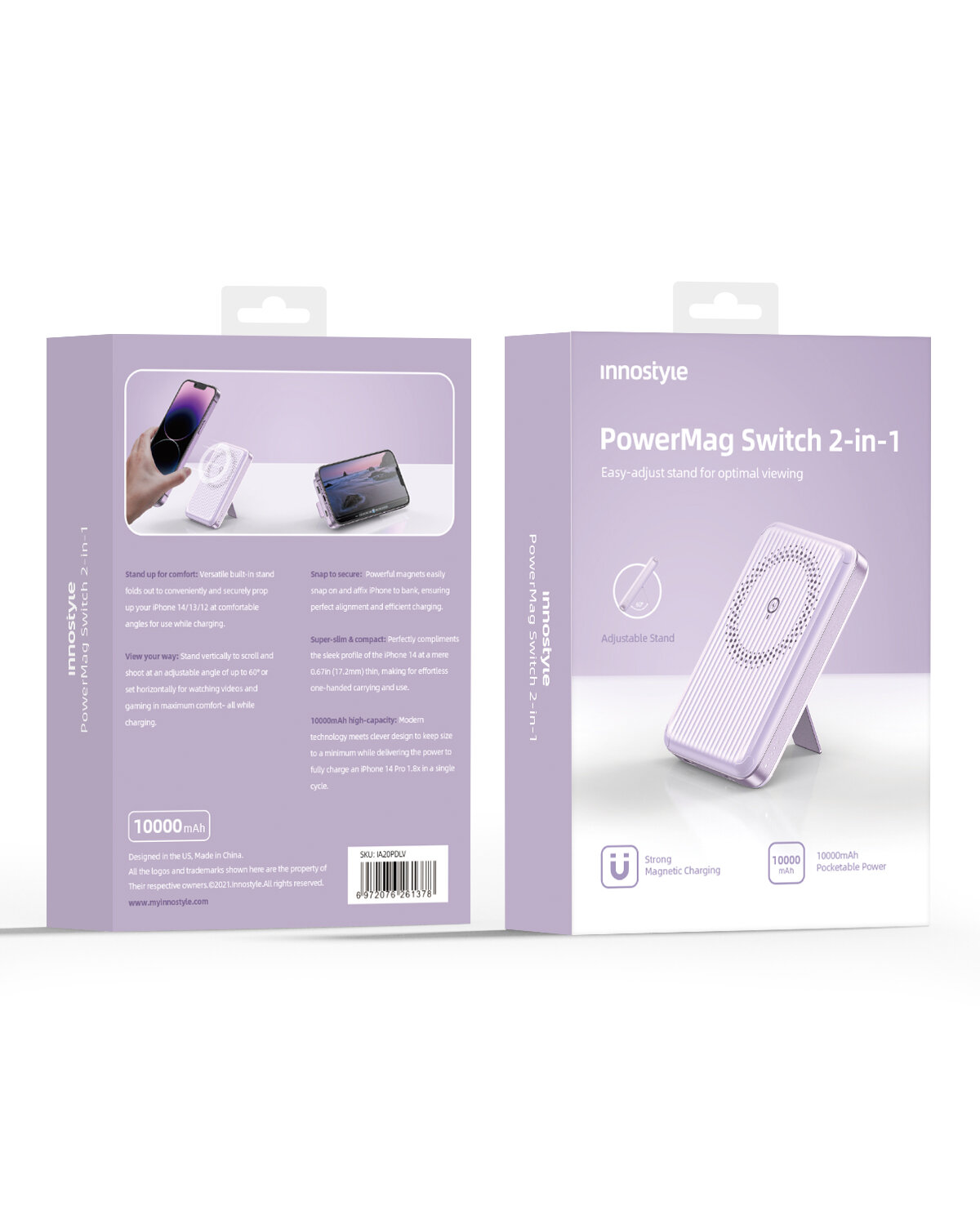 Opakowanie produktu Innostyle PowerMag Switch 2-in-1 w kolorze fioletowym, z funkcją regulowanego stojaka i ładowania magnetycznego. Widoczny tekst: \'PowerMag Switch 2-in-1\', \'Easy-adjust stand for optimal viewing\', \'10000 mAh\'.