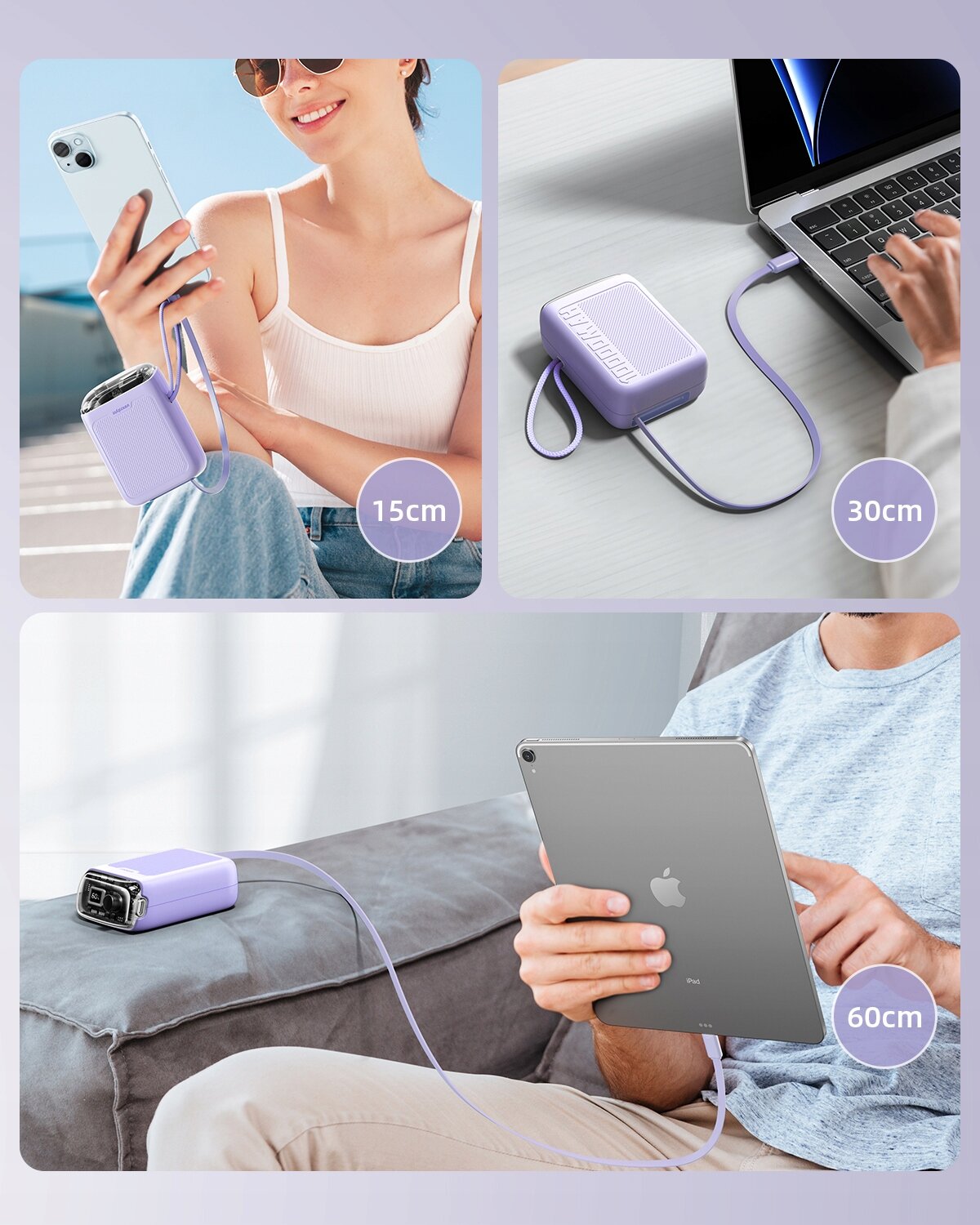 Obraz przedstawia trzy sceny z użyciem fioletowego powerbanku z rozwijanym kablem USB-C. Na każdej scenie widoczna jest długość kabla: 15 cm, 30 cm i 60 cm.