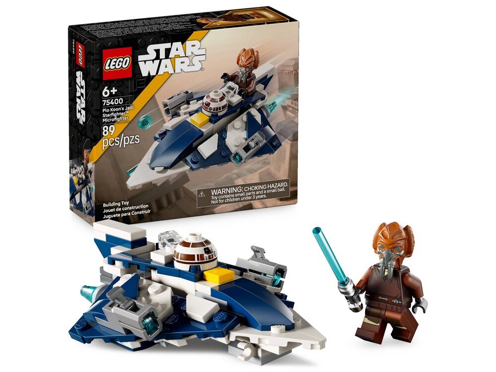 Zestaw LEGO przedstawia mikromyśliwiec Jedi z serii Star Wars oraz figurkę postaci z mieczem świetlnym. Na opakowaniu widnieje napis: \'LEGO Star Wars 75400, 89 pcs/pzs\'.