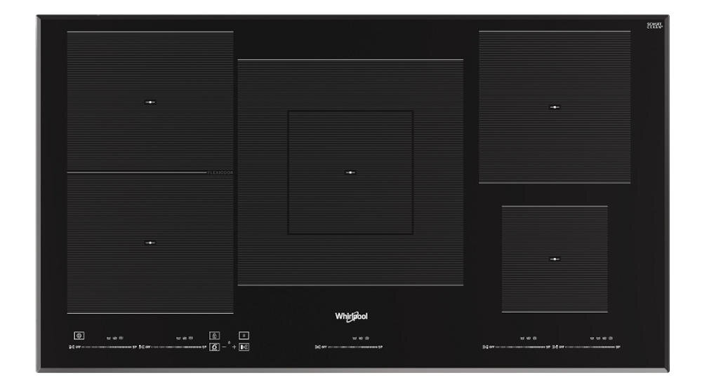 Czarna płyta indukcyjna z czterema strefami grzewczymi i logo Whirlpool na środku. Na dole widoczne są symbole i oznaczenia funkcji.