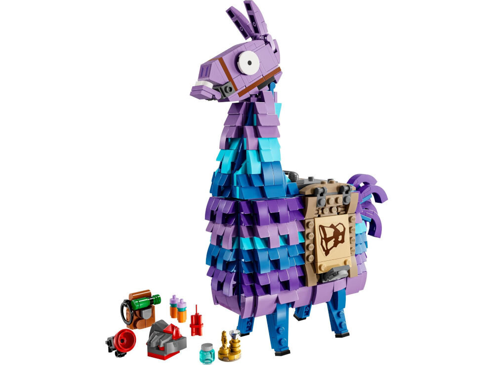 Zestaw LEGO przedstawiający kolorową lamę zbudowaną z klocków w odcieniach fioletu i niebieskiego. Obok lamy znajdują się małe akcesoria z klocków, w tym butelki i skrzynki.