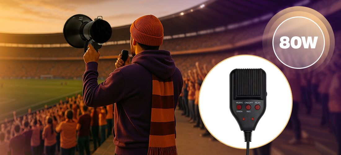 Osoba w czapce i szaliku trzyma megafon na tle stadionu pełnego ludzi. Obok widoczny jest mikrofon z przyciskami i napis \'80W\'.