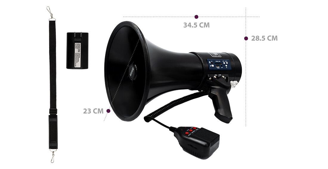 Na obrazie znajduje się czarny megafon z mikrofonem na kablu, pasek oraz bateria. Wymiary megafonu to 34.5 cm długości i 28.5 cm wysokości, a pasek ma długość 23 cm.