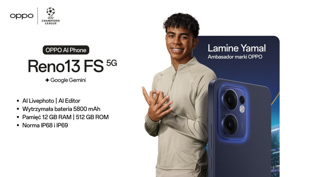 Obraz przedstawia smartfon OPPO Reno 13 FS 5G z granatową obudową oraz osobę stojącą obok. Widoczny tekst: \'OPPO AI Phone Reno13 FS 5G + Google Gemini, AI Livephoto | AI Editor, Wytrzymała bateria 5800 mAh, Pamięć 12 GB RAM | 512 GB ROM, Norma IP68 i IP69\'.