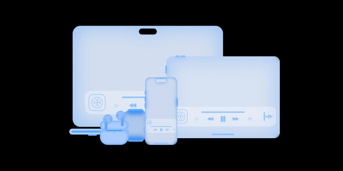 Obraz przedstawia zestaw urządzeń elektronicznych w odcieniach niebieskiego, w tym smartfon, tablet i słuchawki bezprzewodowe. Na ekranach widoczne są ikony odtwarzacza multimedialnego.
