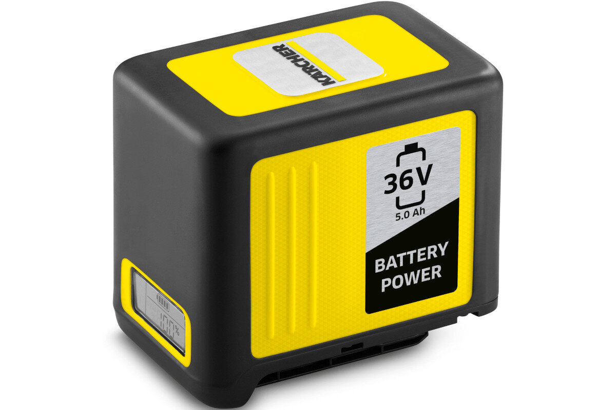 Akumulator w kolorze czarno-żółtym z widocznym logo KARCHER na górze. Na etykiecie napis \'36V 5.0 Ah BATTERY POWER\'.
