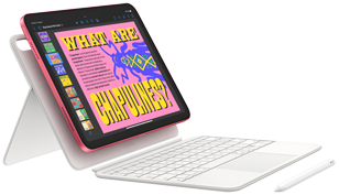 Tablet z kolorowym ekranem wyświetlającym grafikę z napisem \'WHAT ARE CHAPULINES?\' jest ustawiony na białej klawiaturze. Obok znajduje się biały rysik.