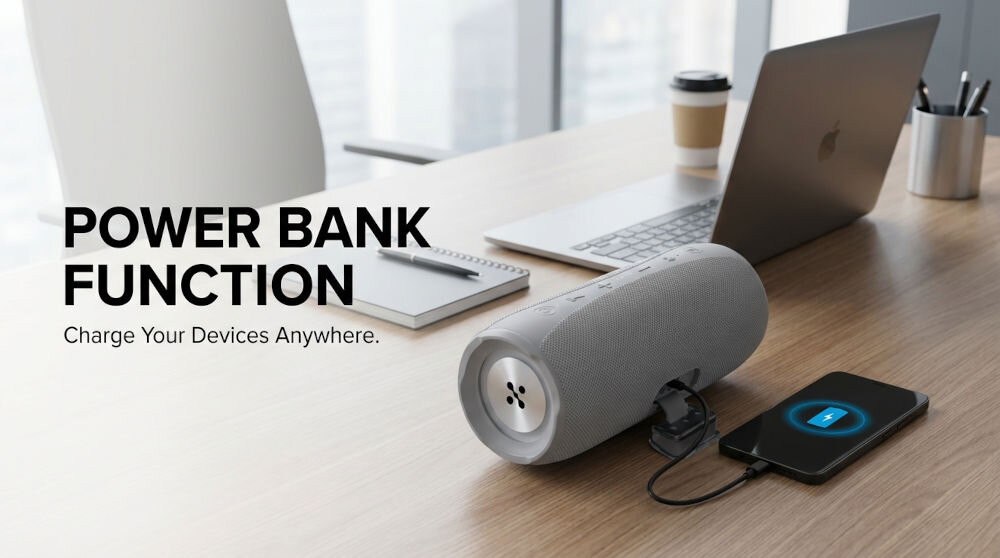 Na biurku znajduje się szary głośnik mobilny podłączony do smartfona. Obok widoczny jest laptop, kubek z kawą i notes, a na obrazie widnieje tekst: \'POWER BANK FUNCTION Charge Your Devices Anywhere.\'