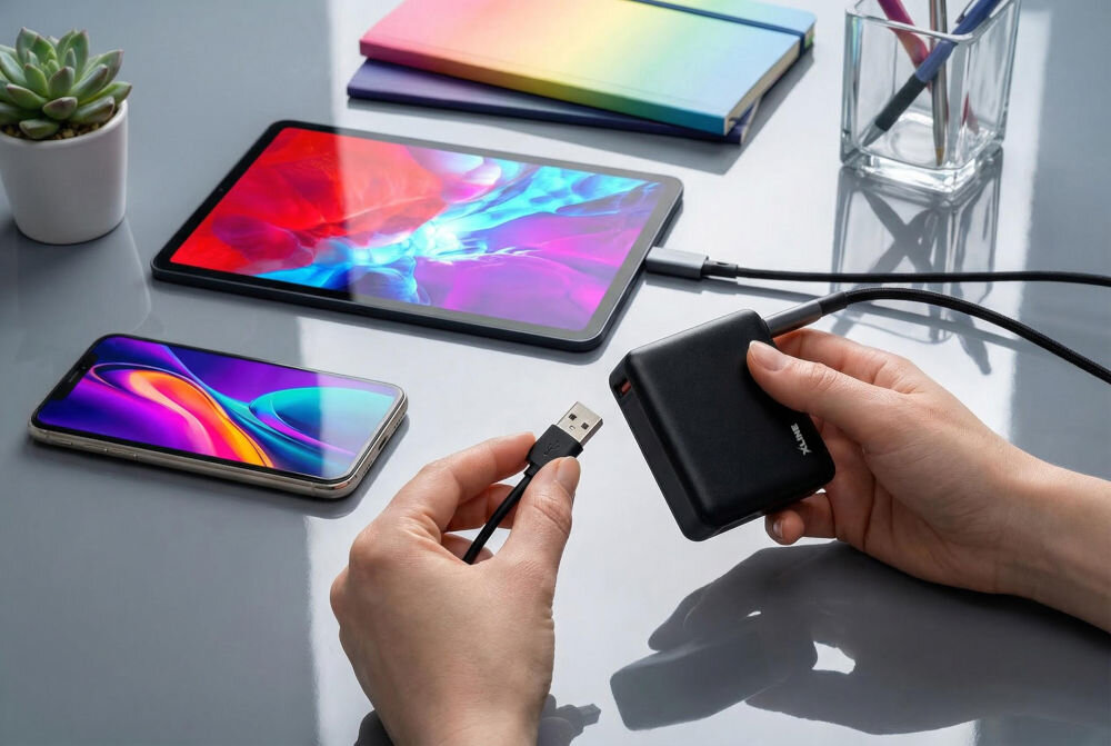 Na biurku znajduje się tablet, smartfon, notes oraz powerbank trzymany w dłoniach, z podłączonym kablem USB. Obok stoi mała roślina w doniczce i szklany pojemnik z kolorowymi długopisami.