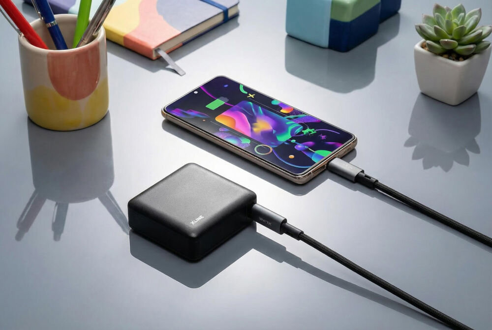 Na biurku znajduje się czarny powerbank z logo \'XLINE\', podłączony do smartfona za pomocą kabla. W tle widoczne są kolorowe zeszyty, kubek z długopisami i mała roślina w doniczce.
