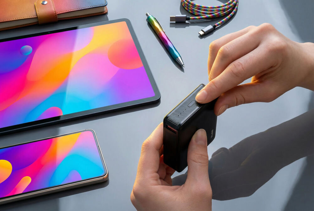 Na obrazie widać ręce trzymające czarny powerbank, obok leżą tablet, smartfon, kolorowy długopis i kabel USB. Ekrany urządzeń wyświetlają kolorowe, abstrakcyjne tło.