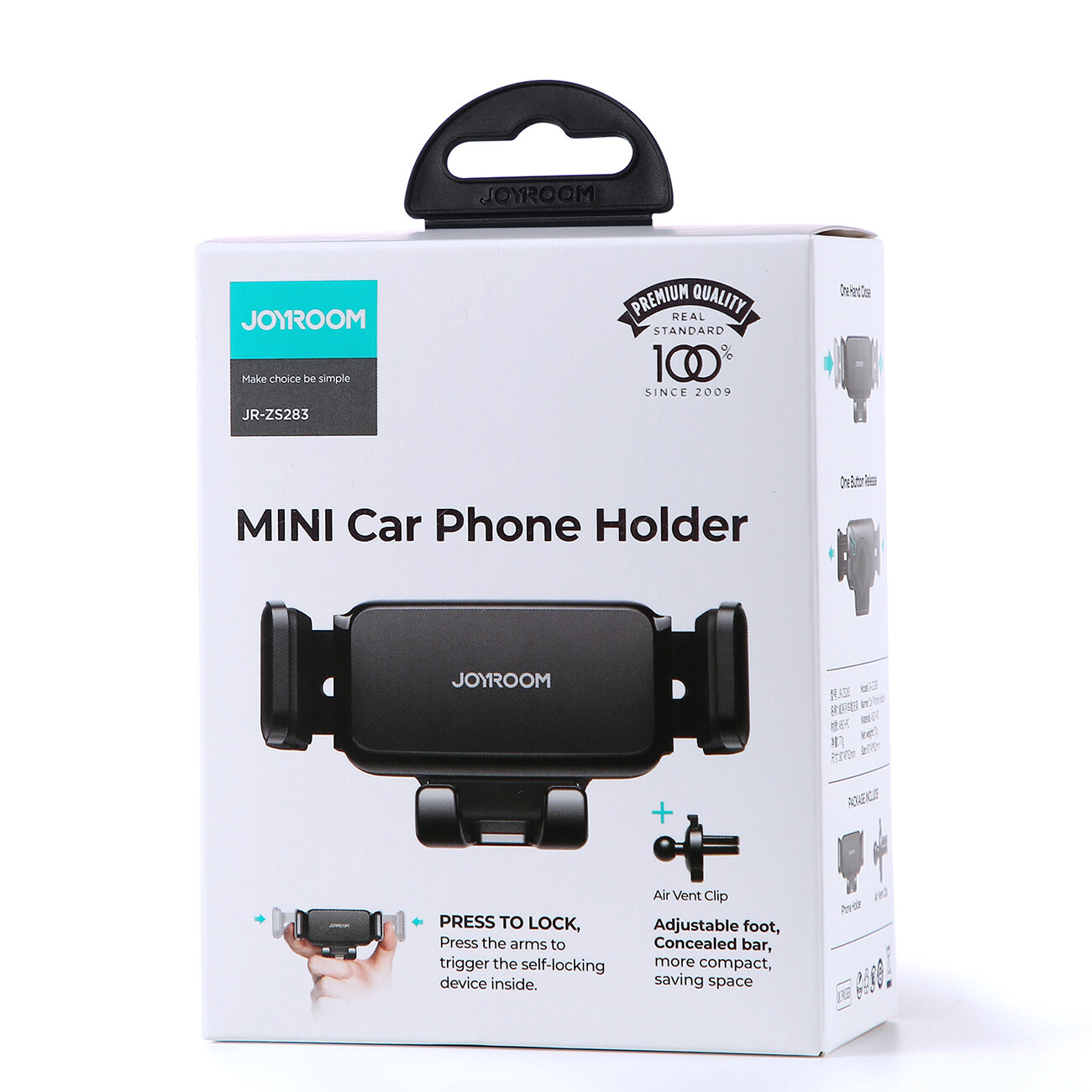 Opakowanie produktu Joyroom JR-ZS283 z napisem \'MINI Car Phone Holder\'. Widoczny jest obrazek uchwytu samochodowego oraz teksty: \'PRESS TO LOCK, Press the arms to trigger the self-locking device inside\' i \'Adjustable foot, Concealed bar, more compact, saving space\'.