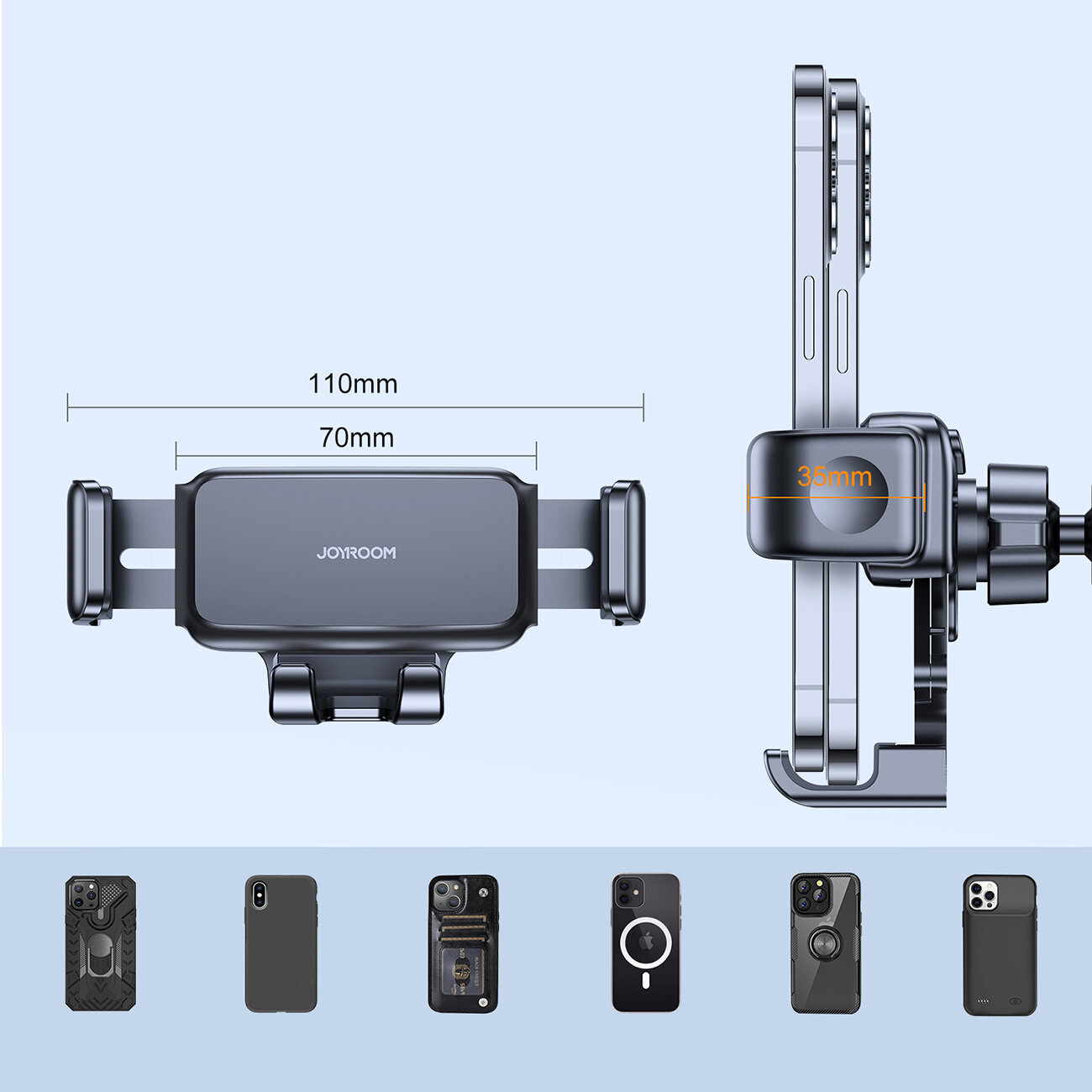 Obraz przedstawia uchwyt samochodowy na telefon z logo \'JOYROOM\', z wymiarami 110mm i 70mm. Obok widoczny jest profil uchwytu z oznaczeniem 36mm oraz różne modele telefonów w etui.