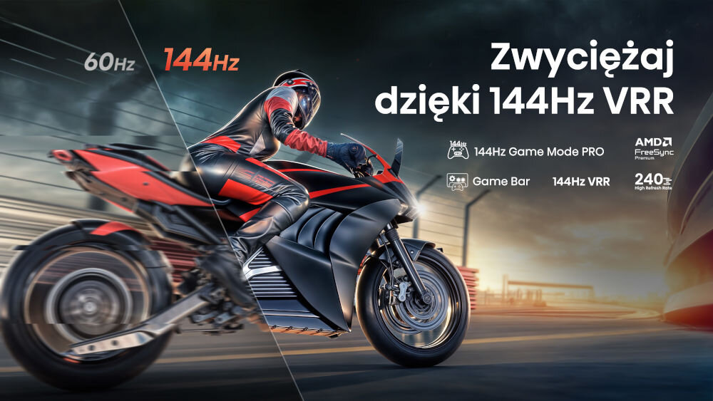 Obraz przedstawia motocyklistę na torze wyścigowym, z podziałem na dwie części: 60Hz i 144Hz. Tekst na obrazie: \'Zwyciężaj dzięki 144Hz VRR\', \'144Hz Game Mode PRO\', \'Game Bar\', \'AMD FreeSync\', \'240Hz\'.