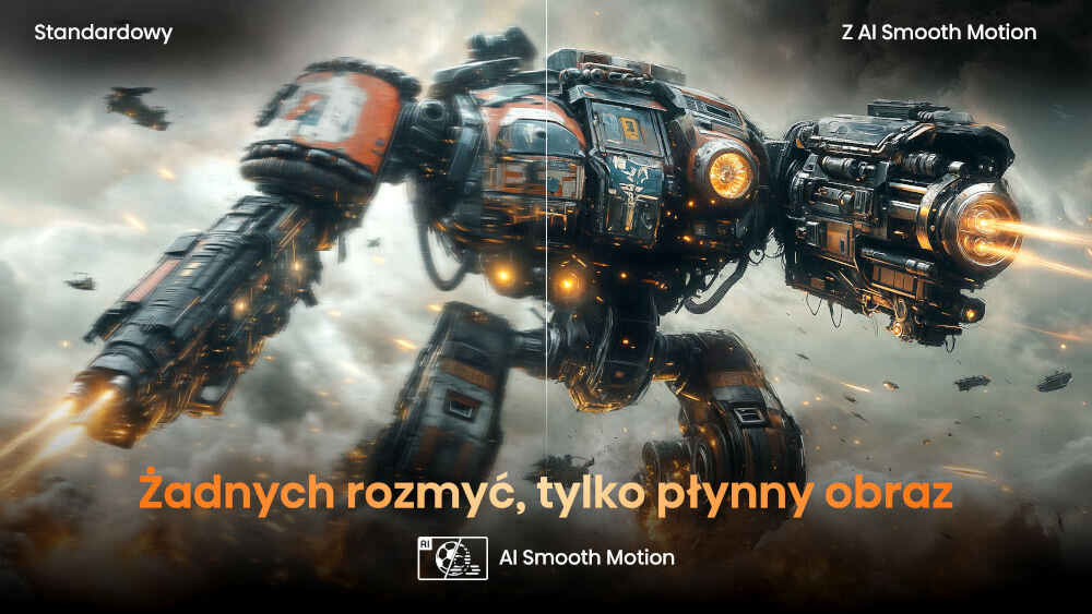 Obraz przedstawia dużego robota w dynamicznej pozie, z wyraźnym podziałem na dwie części: standardową i z AI Smooth Motion. Na dole widnieje tekst: \'Żadnych rozmyć, tylko płynny obraz\'.