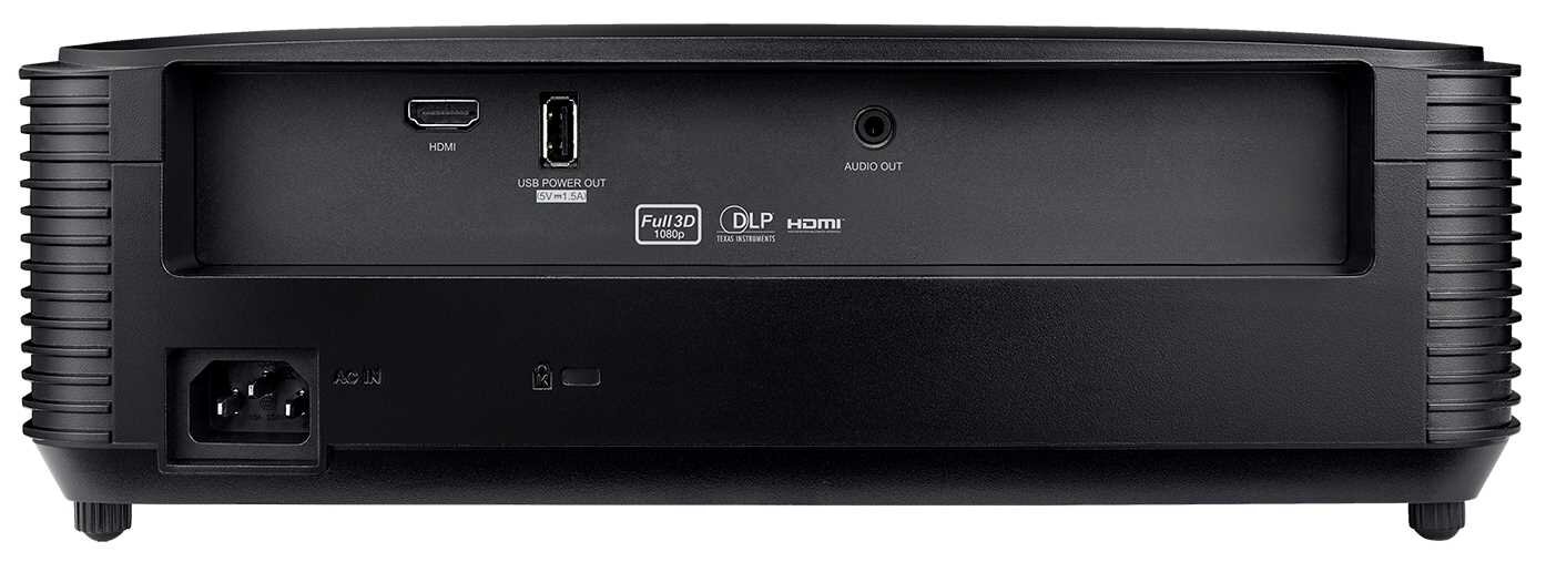 Tył projektora z widocznymi portami: HDMI, USB Power Out (5V/1.5A), Audio Out oraz złącze zasilania. Na obudowie znajdują się oznaczenia: Full 3D, DLP, HDMI.