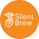 Pomarańczowe koło z białym symbolem dłoni przy ustach oraz napisem \'Silent Brew\'.