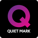 Ikona z literą \'Q\' w kolorze fioletowym na czarnym tle, poniżej napis \'QUIET MARK\'.