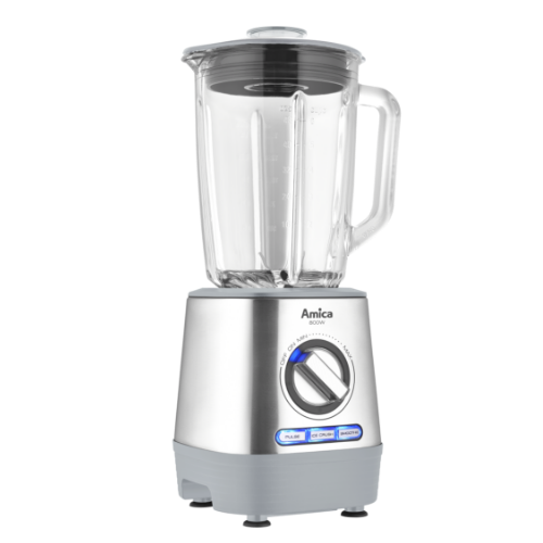 Blender kielichowy z przezroczystym pojemnikiem i srebrną podstawą z widocznym logo \'Amica\'. Na podstawie znajdują się pokrętło oraz przyciski z napisami \'PULSE\', \'ICE CRUSH\' i \'SMOOTHIE\'.