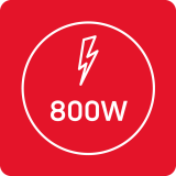 Czerwony kwadrat z białym okręgiem, wewnątrz którego znajduje się symbol błyskawicy i napis \'800W\'.