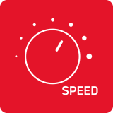 Czerwony kwadrat z białym symbolem pokrętła i napisem \'SPEED\'.