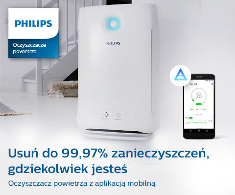 Na obrazie widoczny jest biały oczyszczacz powietrza z logo PHILIPS, obok którego znajduje się smartfon z aplikacją. Tekst na obrazie: \'Usuń do 99,97% zanieczyszczeń, gdziekolwiek jesteś. Oczyszczacz powietrza z aplikacją mobilną\'.