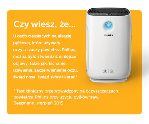 Obraz przedstawia oczyszczacz powietrza z logo PHILIPS na białym tle. Obok znajduje się tekst: \'Czy wiesz, że... U osób cierpiących na alergię pyłkową, które używały oczyszczaczy powietrza Philips, można było stwierdzić mniejsze objawy, takie jak: kichanie, łzawienie, zaczerwienienie oczu, świąd nosa, świąd skóry i katar.\' oraz informacja o teście klinicznym z sierpnia 2015 roku.