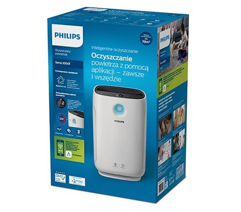 Opakowanie oczyszczacza powietrza z widocznym logo PHILIPS i zdjęciem urządzenia na froncie. Na opakowaniu znajduje się tekst: \'Inteligentne oczyszczanie Oczyszczacz powietrza z pomocą aplikacji – zawsze i wszędzie\'.