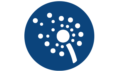 Ikona przedstawia biały symbol dmuchawca na niebieskim tle.