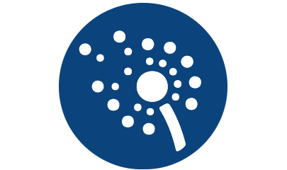 Ikona przedstawia biały symbol dmuchawca na niebieskim tle.