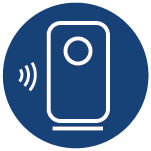 Ikona przedstawia stylizowany oczyszczacz powietrza z falami symbolizującymi Wi-Fi, na niebieskim tle.