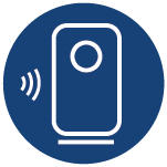 Ikona przedstawia stylizowany oczyszczacz powietrza z falami symbolizującymi Wi-Fi, na niebieskim tle.