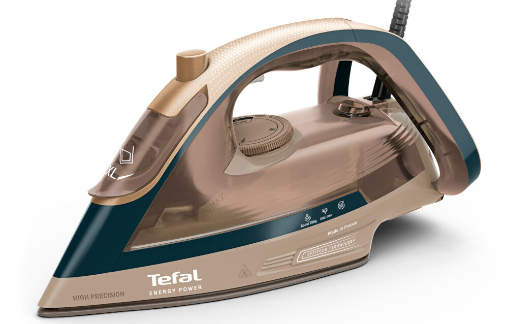 Żelazko w kolorze beżowym z ciemnymi akcentami, z widocznym logo \'Tefal Energy Power\' oraz napisem \'High Precision\'.
