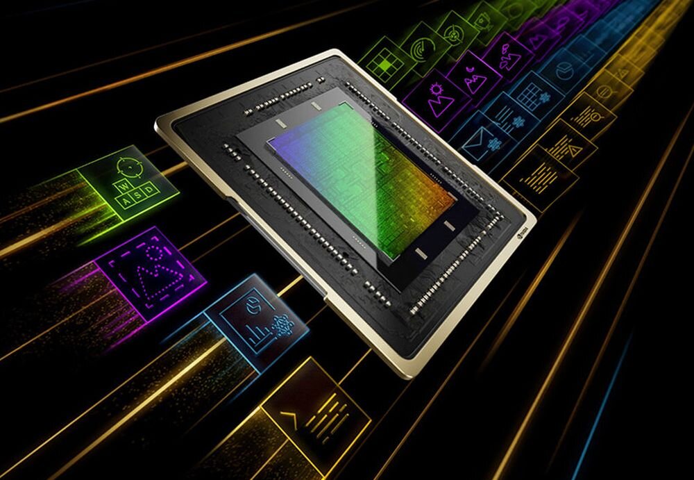 Obraz przedstawia kolorowy układ scalony z różnymi ikonami w tle, symbolizującymi różne funkcje technologiczne. Układ jest otoczony przez kolorowe linie i symbole, które sugerują przepływ danych.