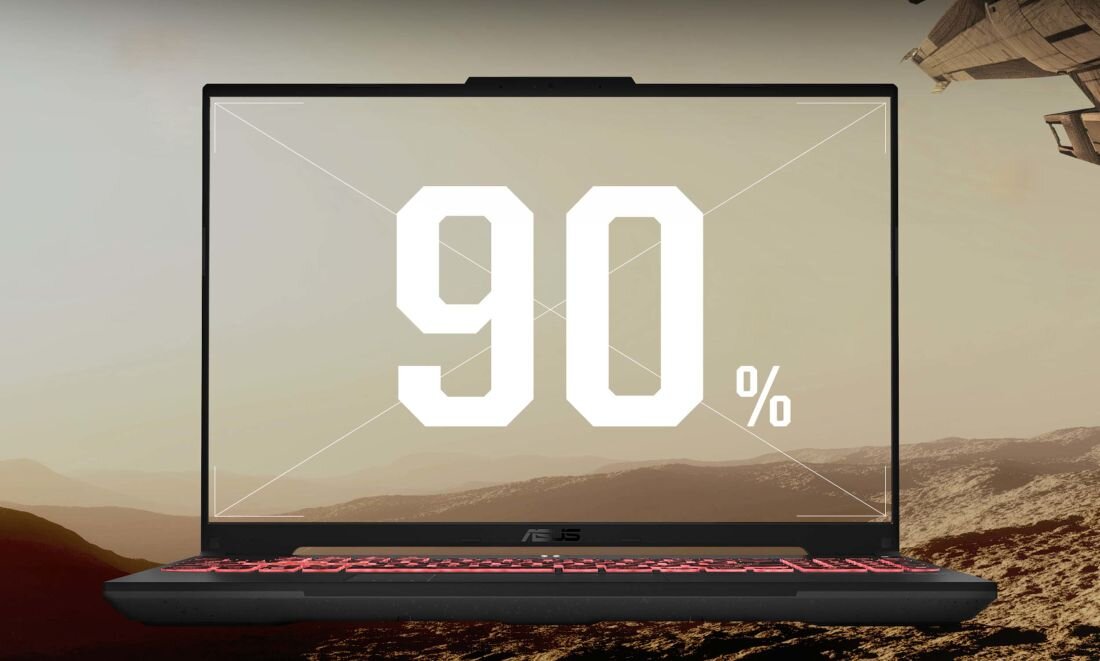 Laptop z widocznym logo ASUS na dolnej ramce ekranu, na którym wyświetlany jest duży biały napis \'90%\'.
