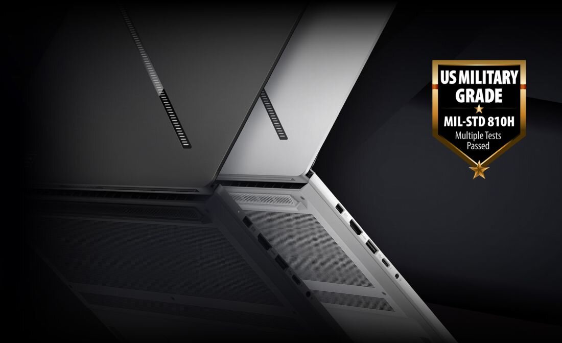 Laptop ASUS ROG Zephyrus z obudową MIL-STD-810H prezentuje porty i konstrukcję w dwóch wersjach kolorystycznych na ciemnym tle   